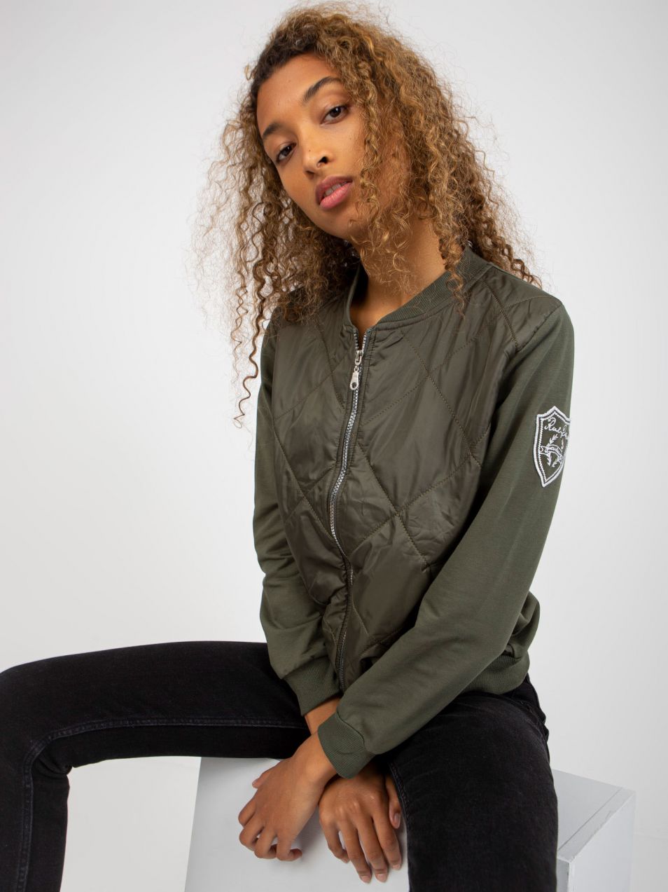 RUE PARIS khaki quilted bomber sweatshirt with pockets