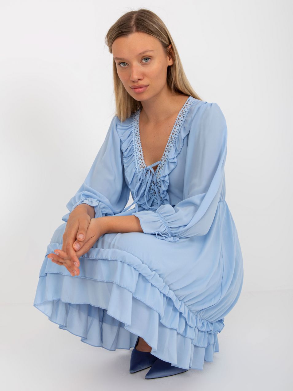 Light blue boho mini dress with ruffle OCH BELLA