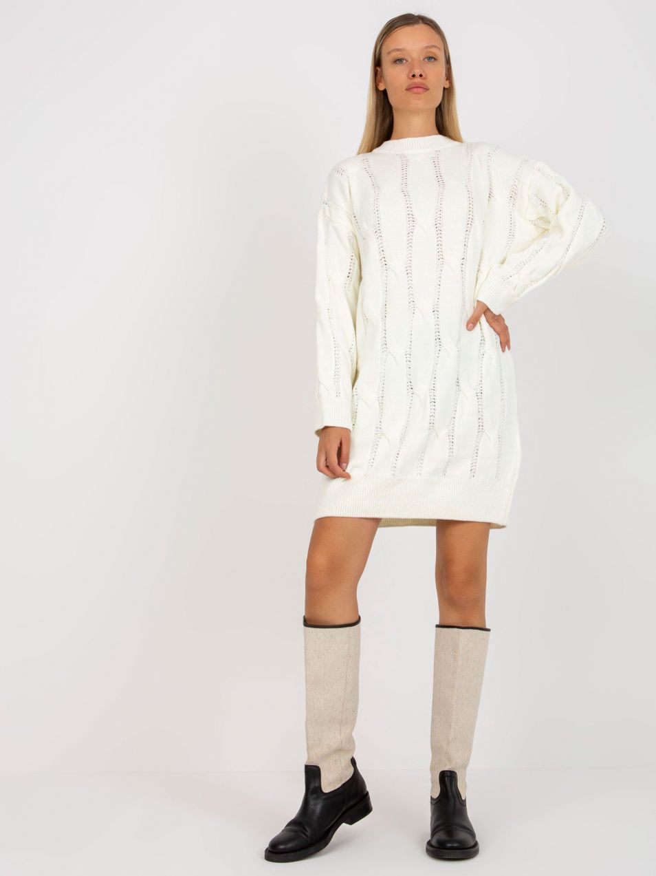 Ecru knitted minidress with stand-up collar RUE PARIS