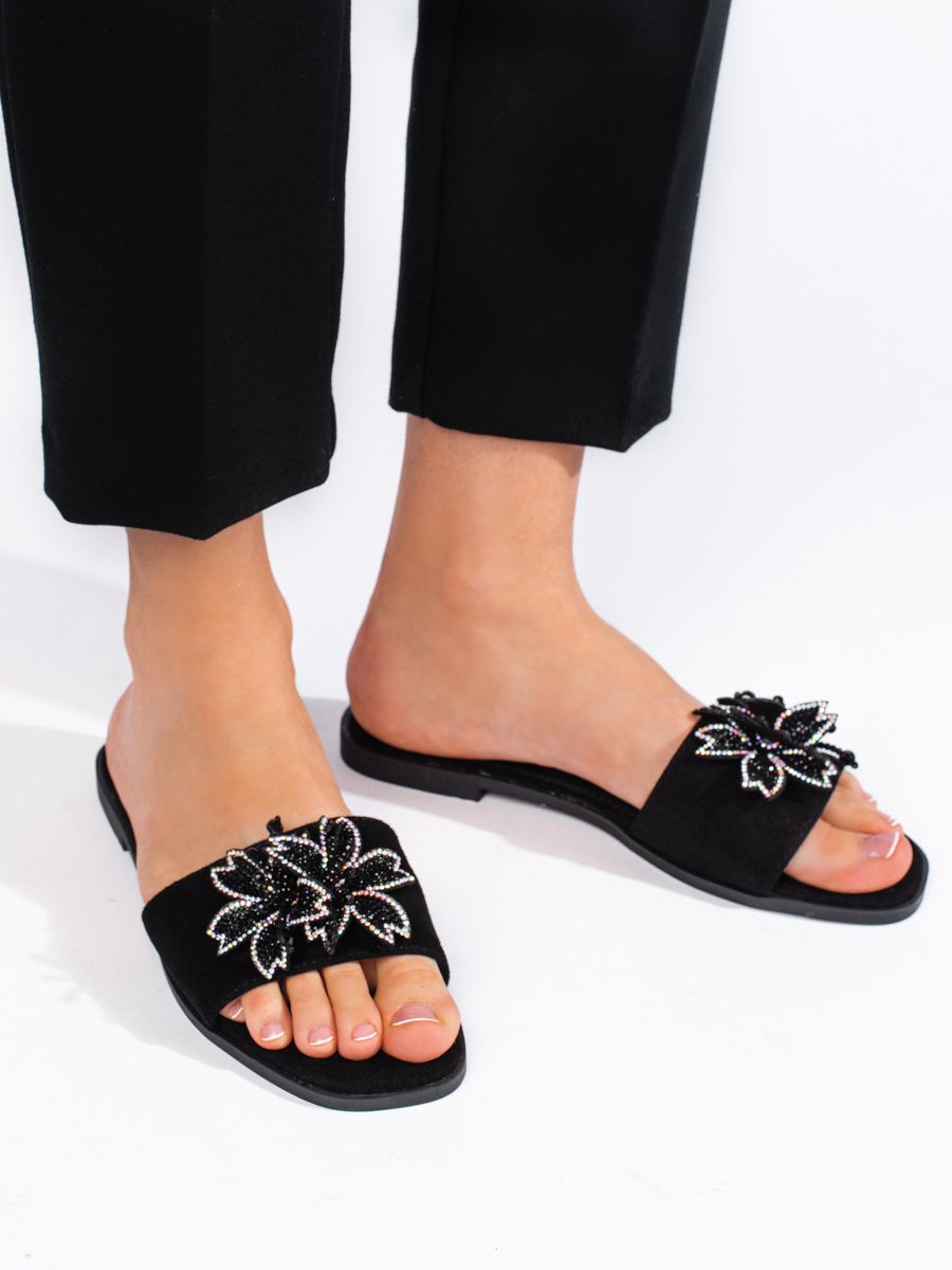 Shelvt Women's black flip-flops with embellishment