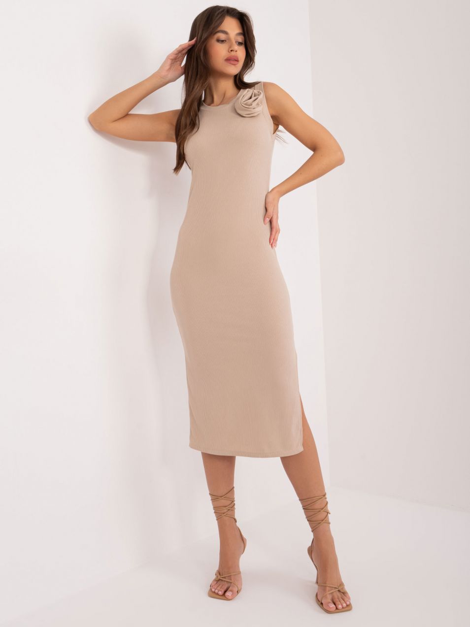 Dark beige bodycon dress with a round neckline