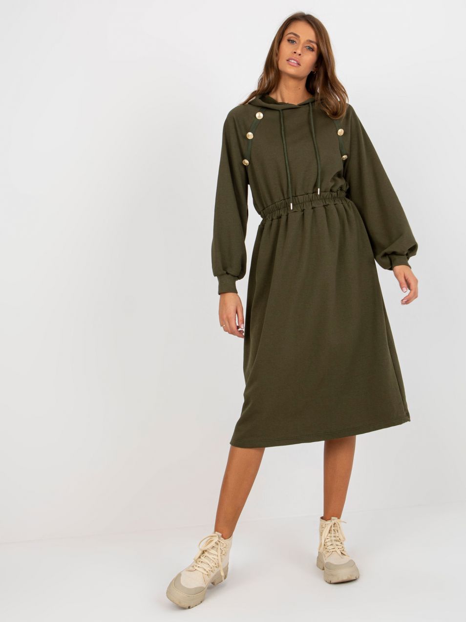 Khaki midi sweatshirt dress with buttons