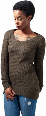 Women's sweater with a long wide neckline - olive