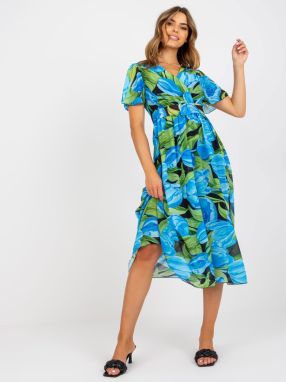 Blue and black patterned midi dress with belt