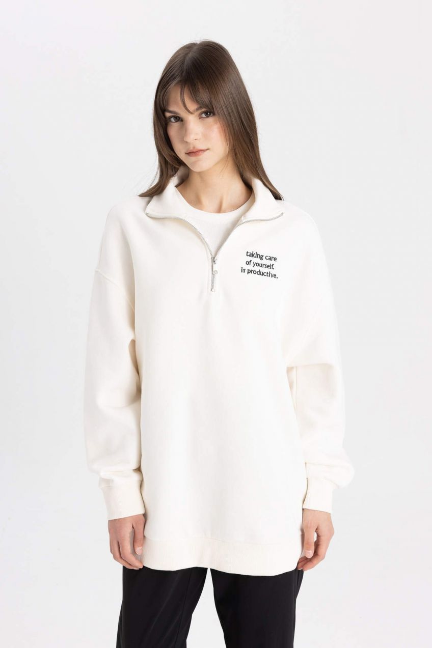 DEFACTO Regular Fit Thick Sweatshirt Fabric Polo Collar Slogan Pattern Sweat Tunic