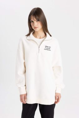 DEFACTO Regular Fit Thick Sweatshirt Fabric Polo Collar Slogan Pattern Sweat Tunic