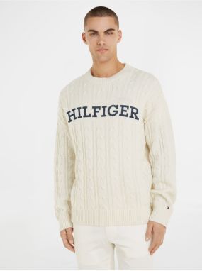 Krémový pánsky vlnený sveter Tommy Hilfiger Cable Monotype Crew Neck