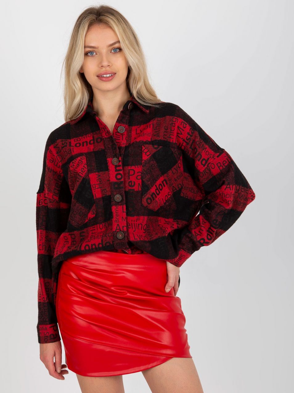 Black and red plaid outer shirt with inscriptions