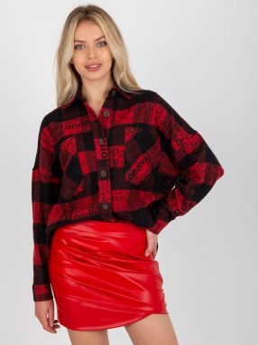 Black and red plaid outer shirt with inscriptions