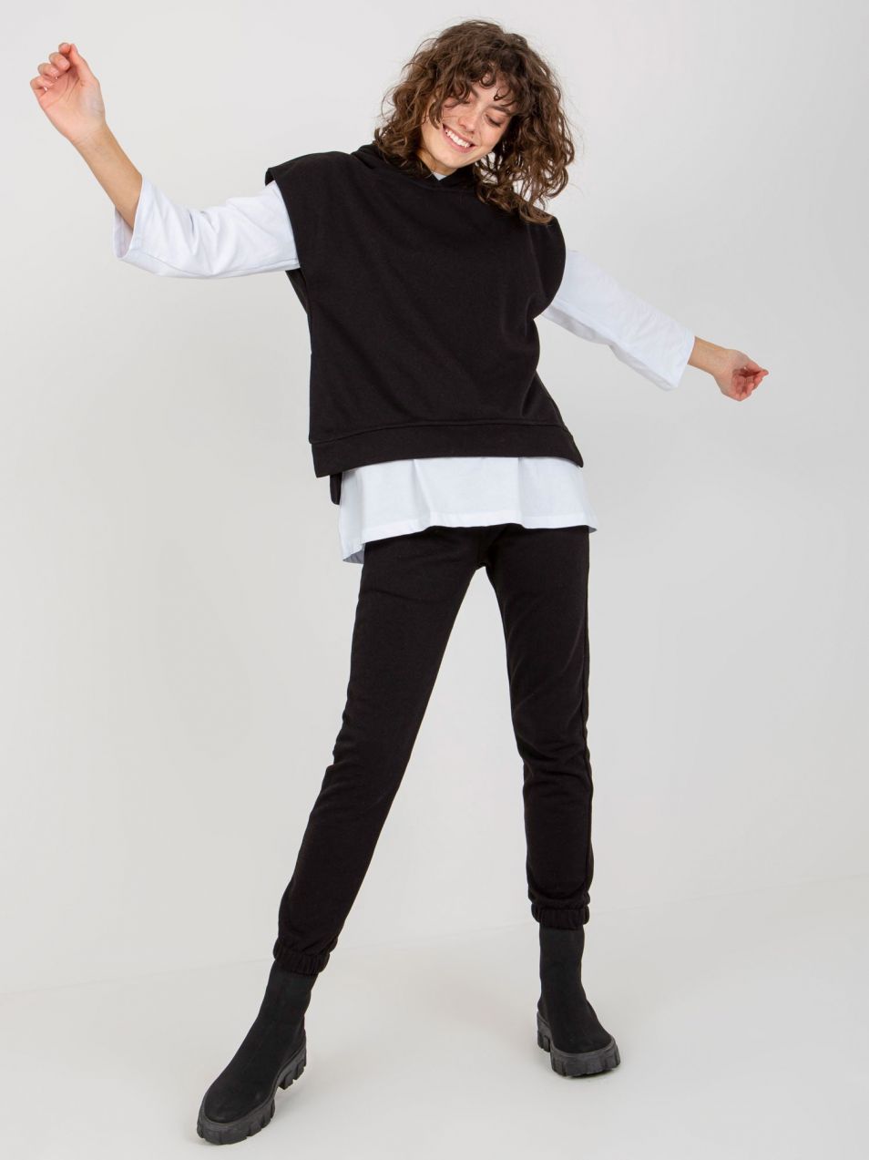 Black three-piece casual set with oversize blouse