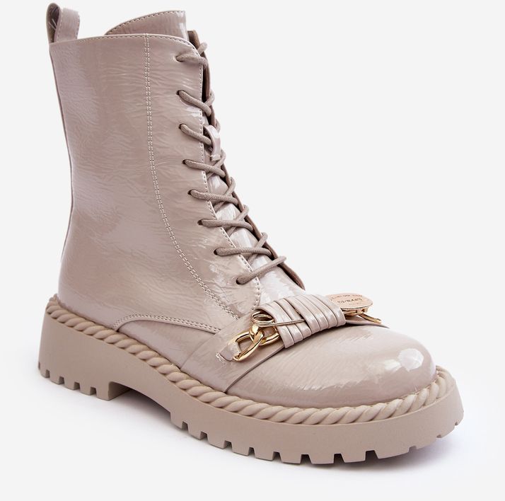 Women's patented work boots with D&A decoration light grey