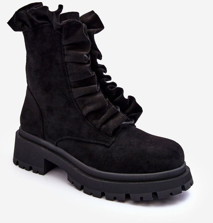 Suede insulated work boots with flat heels, black gondola