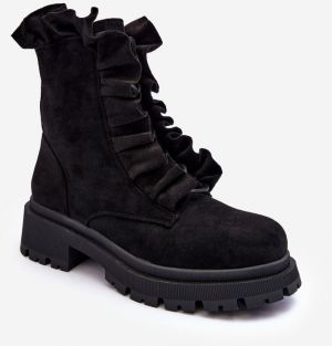 Suede insulated work boots with flat heels, black gondola