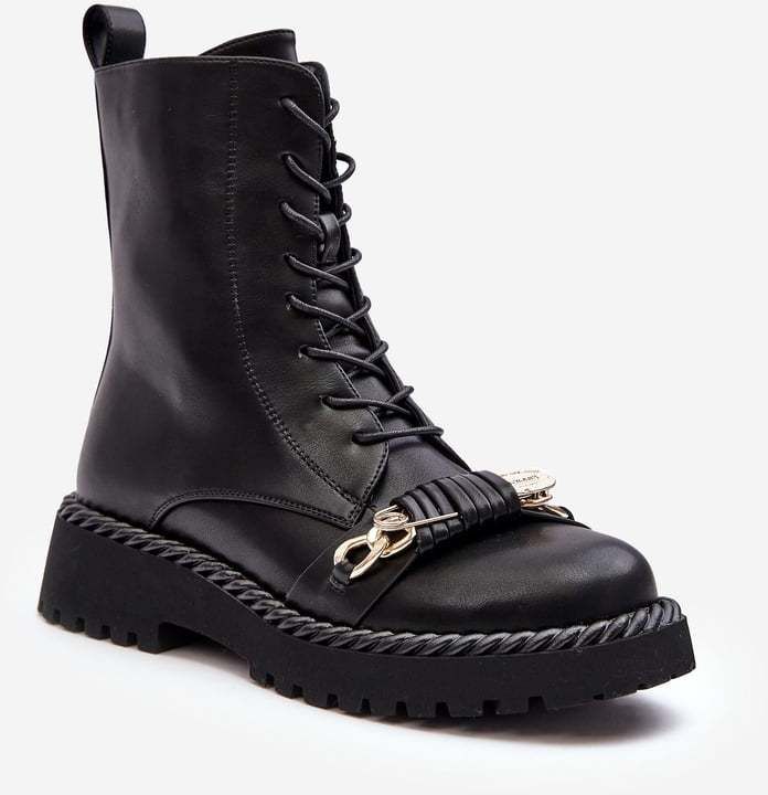 Women's leather work ankle boots with embellishment, black S.Barski