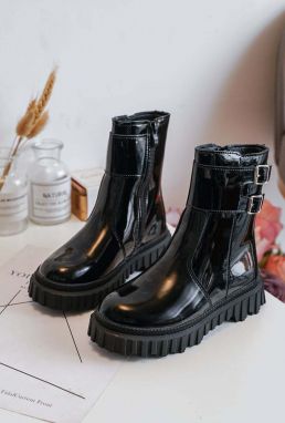 Children's patent leather ankle boots with buckles, Black Chloraia