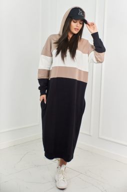 Tri-color dress with hood dark beige + ecru + black