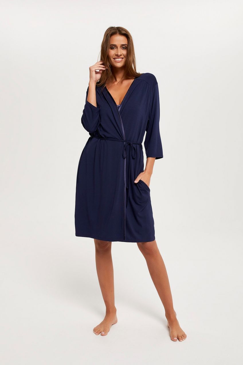 Women's Song Bathrobe with 3/4 Sleeves - Navy Blue