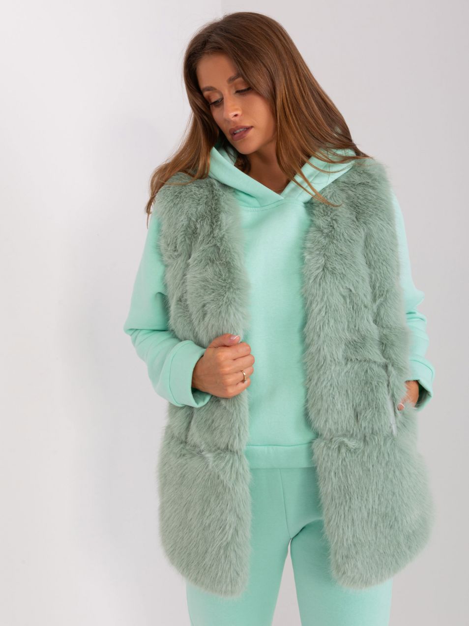 Pistachio fur vest with pockets