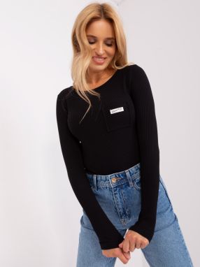 Black blouse with long sleeves and a round neckline