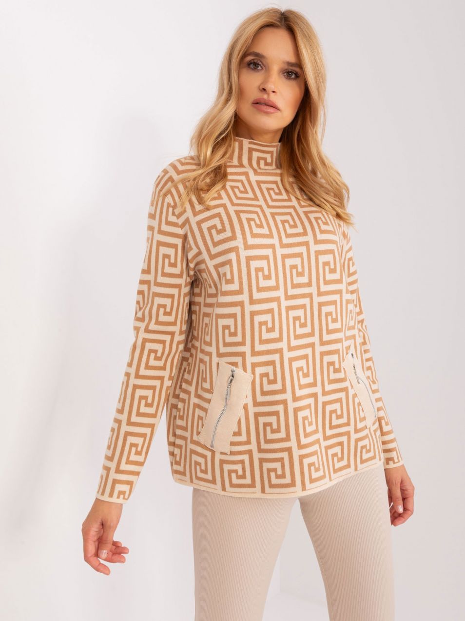 Camel and beige patterned turtleneck sweater