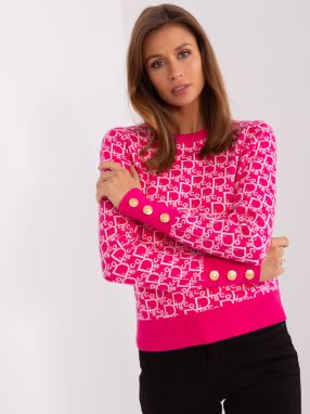 Fuchsia and white classic sweater with a round neckline