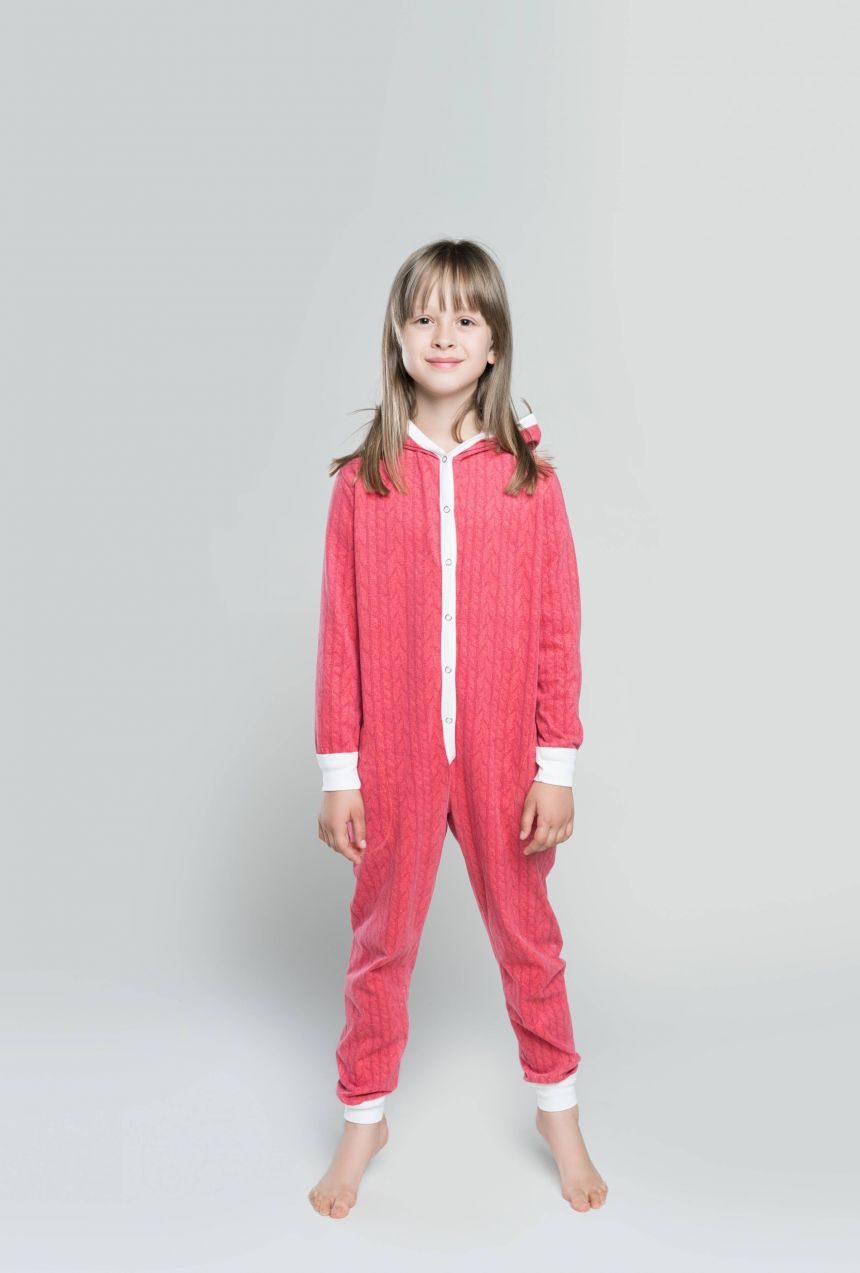 Oslo Children's Jumpsuit, Long Sleeves, Long Legs - Raspberry/Ecru
