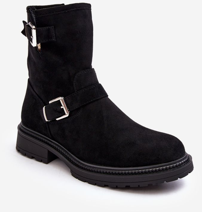 Women's flat heel boots with buckles Black Bliggore