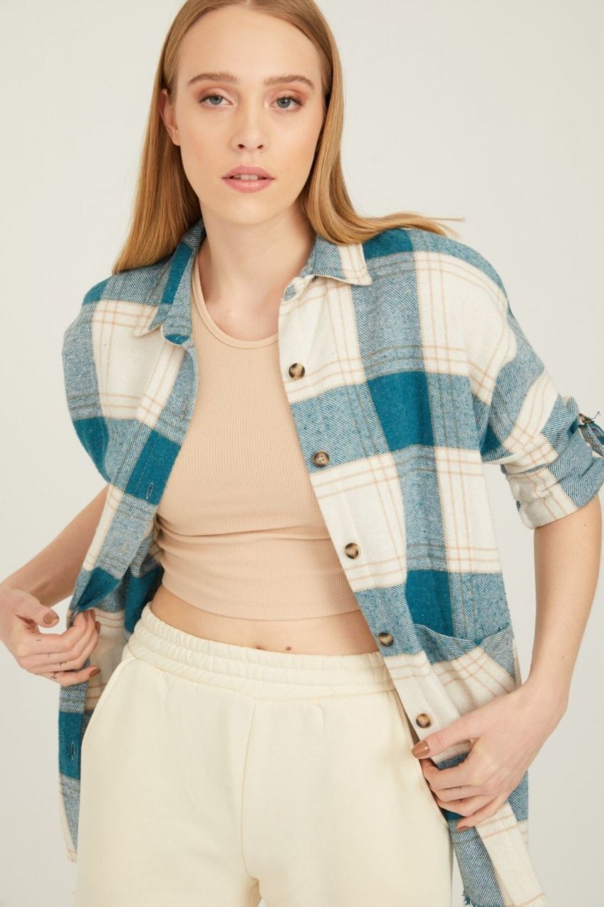 By Saygı Bat-Sleeves Checkered Stamped Shirt With Pockets Turquoise