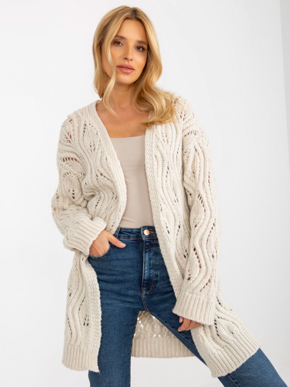 Light beige women's openwork cardigan without closure