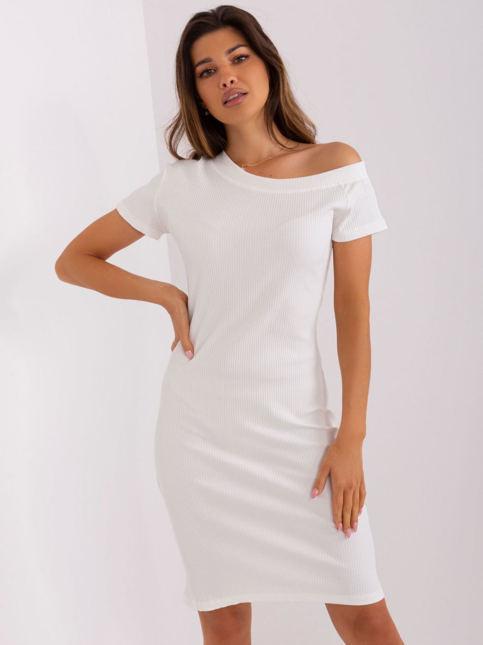 Ecru bodycon striped basic dress