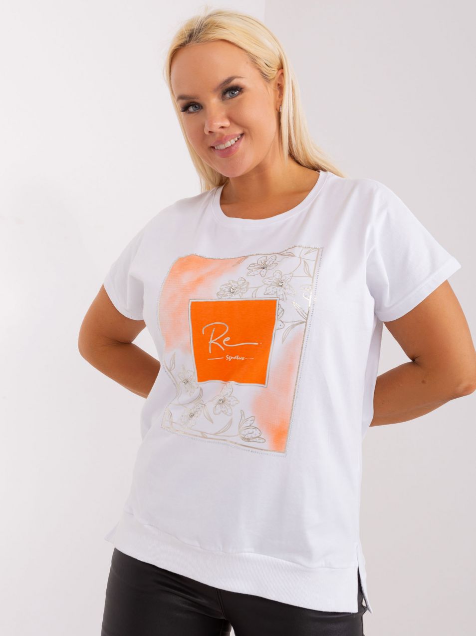 Larger size cotton blouse in white and orange