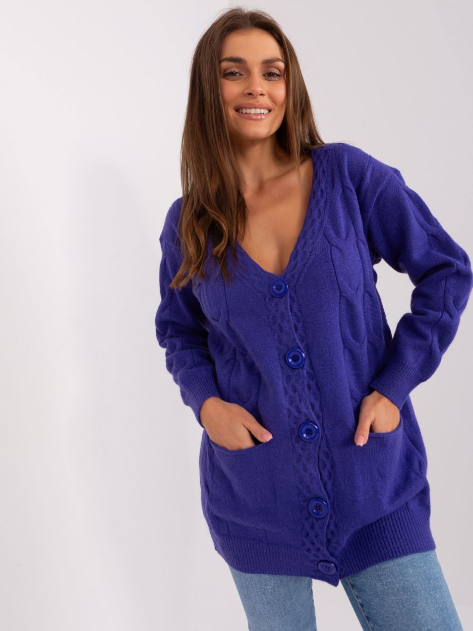 Purple cardigan with large buttons
