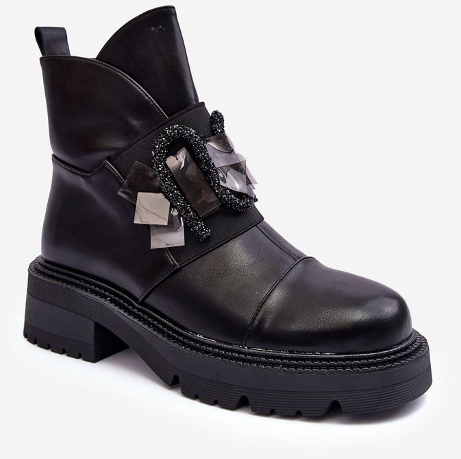 Leather decorated ankle boots with flat heels and S platform. Barski Black