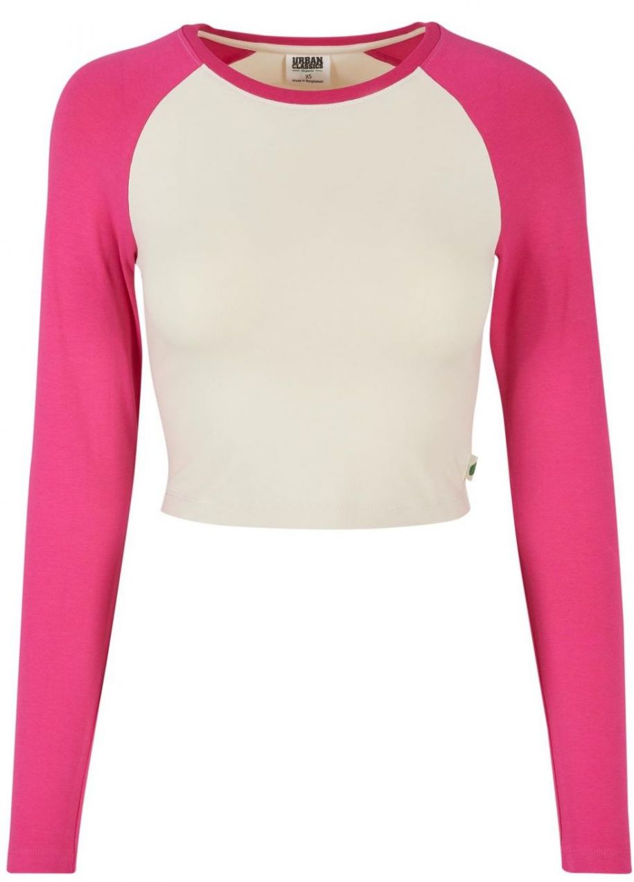 Women's Organic Cropped Retro Baseball Longsleeve Whitesand/Hibiscus Pink