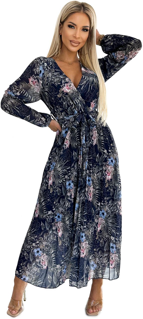 Pleated chiffon long dress with a neckline, long sleeves and Numoco belt