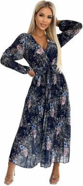 Pleated chiffon long dress with a neckline, long sleeves and Numoco belt