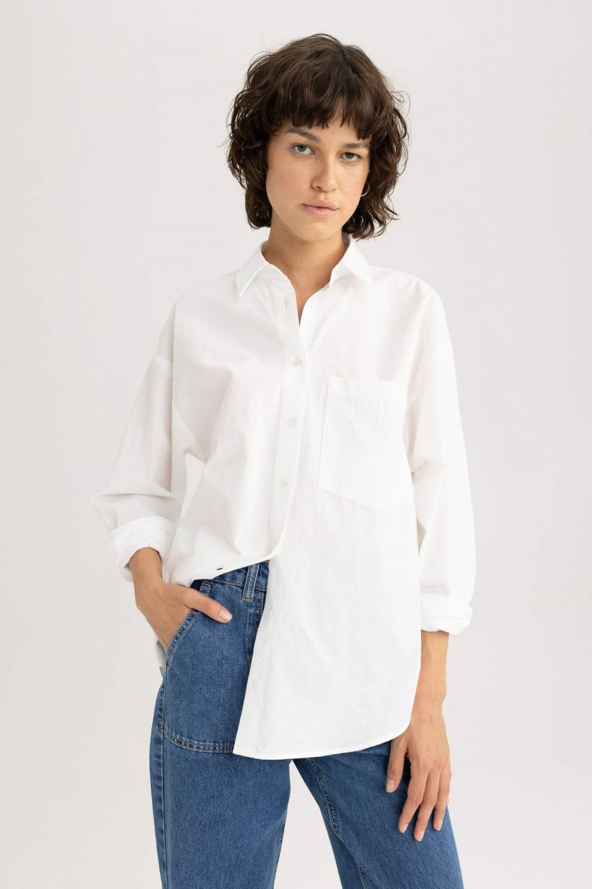 DEFACTO Oversize Fit Poplinová Košeľa s Dlhým Rukávom
