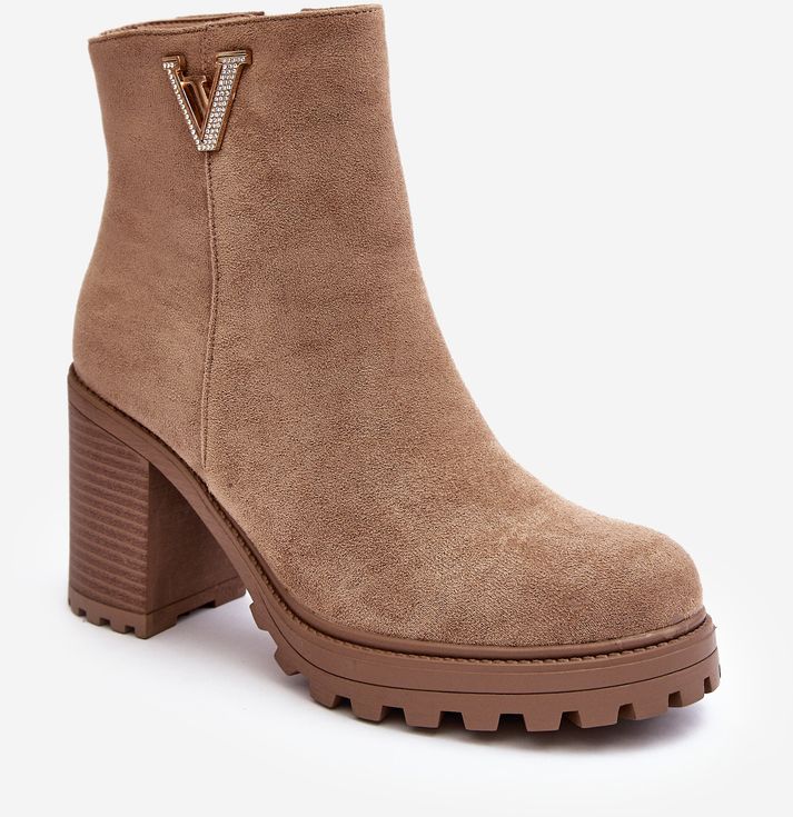 Women's suede high-heeled ankle boots with embellishments, beige thick