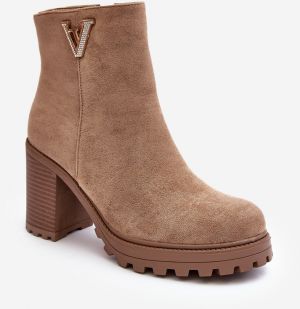 Women's suede high-heeled ankle boots with embellishments, beige thick