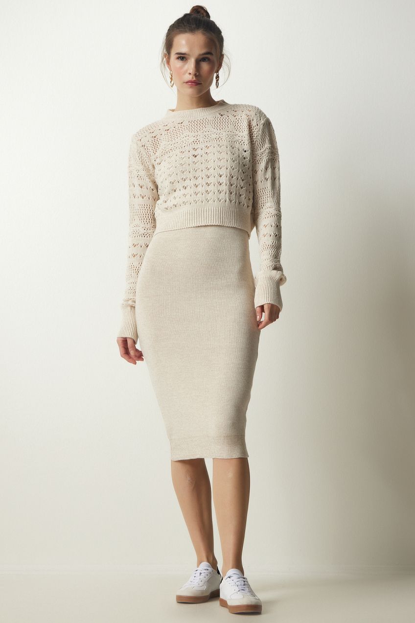 Happiness İstanbul Women's Cream Openwork Sweater Dress Knitwear Suit