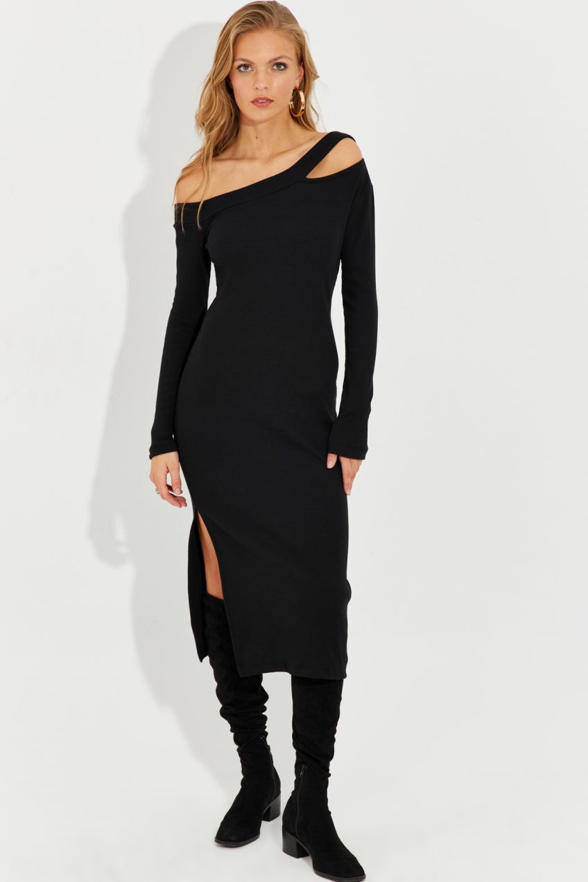 Cool &ampy Dámske Čierne Asymetrické Golier Okenné Slit Midi šaty
