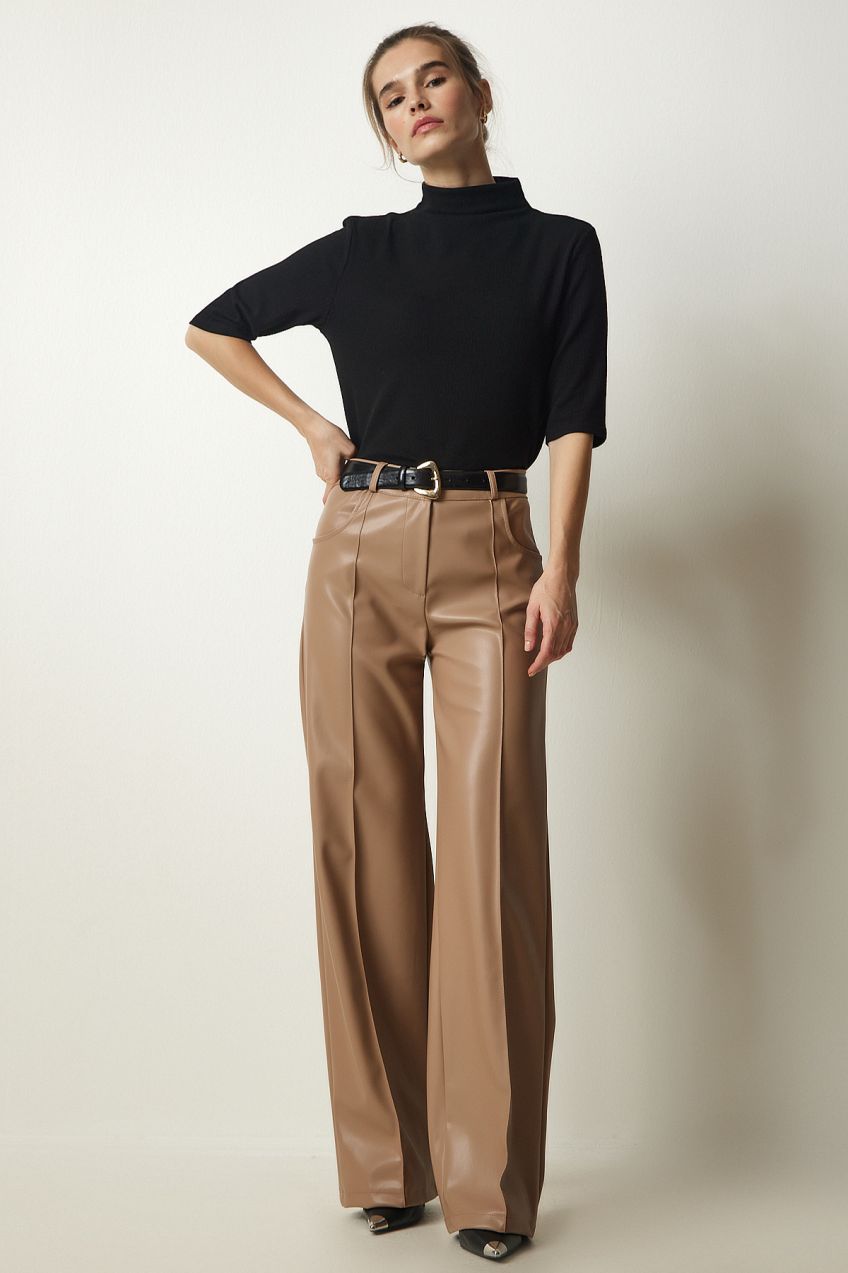 Happiness İstanbul Women's Biscuit Premium Pocket Faux Leather Trousers