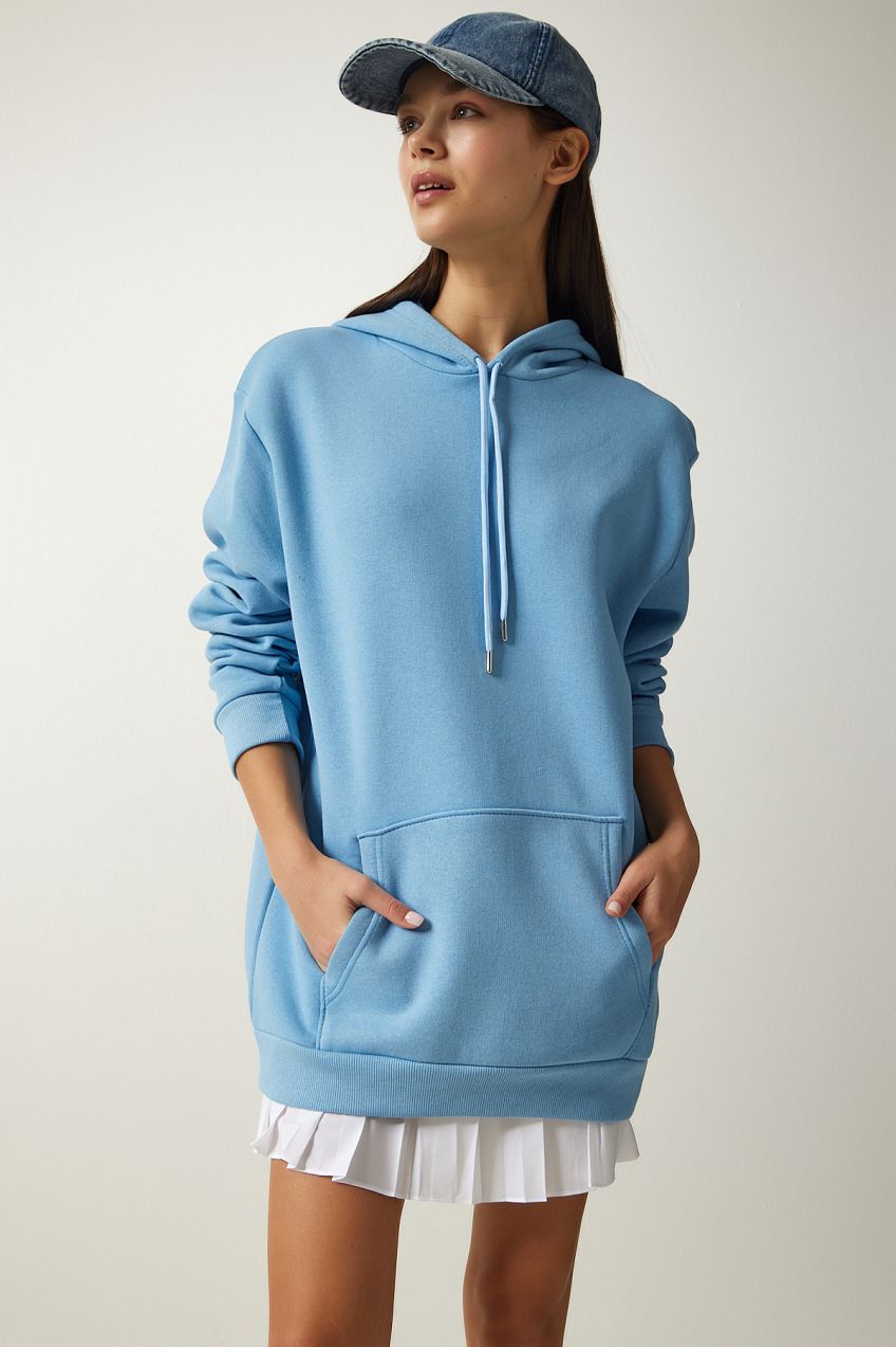 Happiness İstanbul Women's Light Blue Printed Hooded Raising Sweatshirt