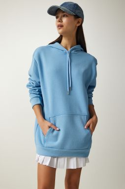 Happiness İstanbul Women's Light Blue Printed Hooded Raising Sweatshirt