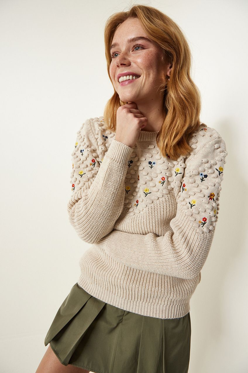 Happiness İstanbul Cream Floral Embroidered Textured Knitwear Sweater