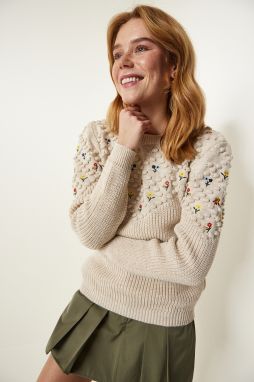 Happiness İstanbul Cream Floral Embroidered Textured Knitwear Sweater