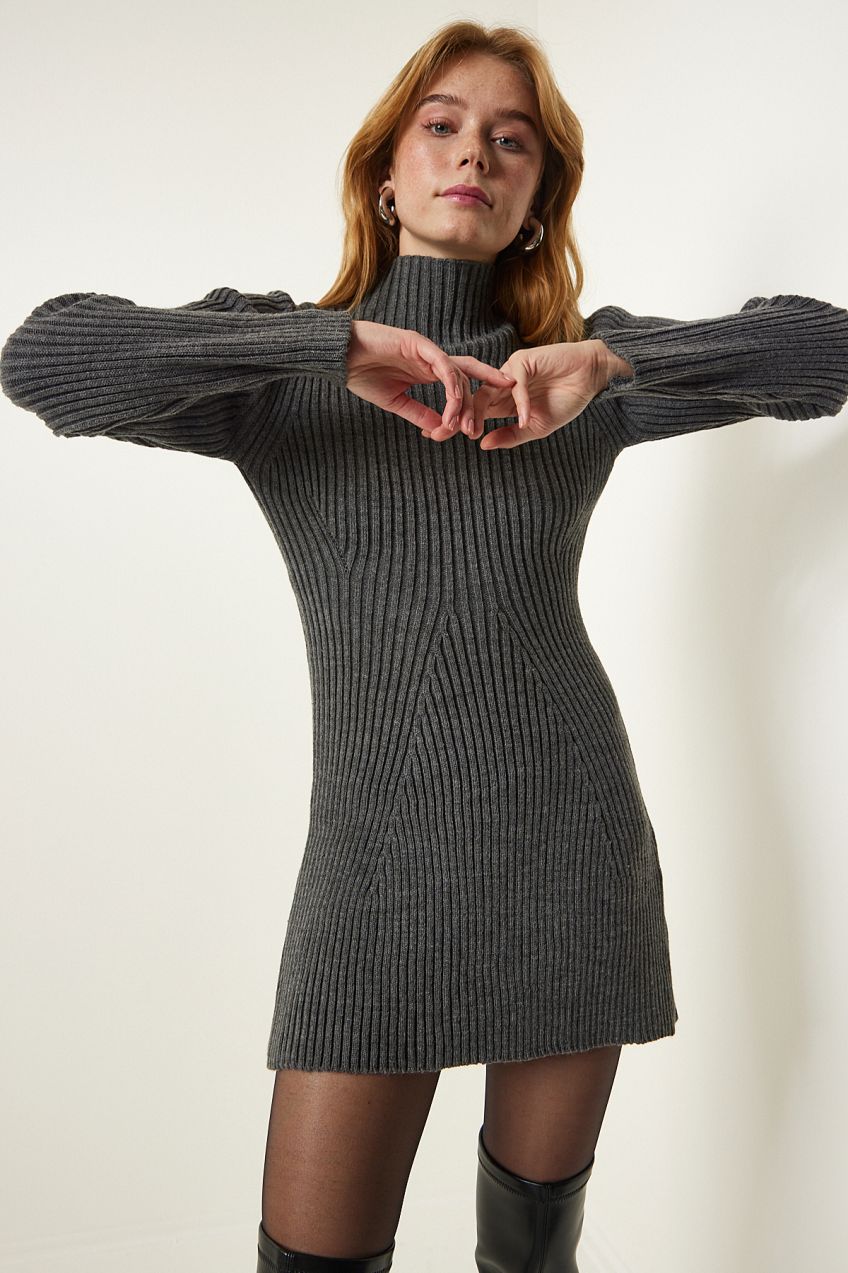 Happiness İstanbul Gray Ribbed A-Line Knitwear Dress