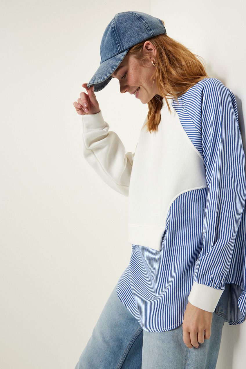 Happiness İstanbul Ecru Blue Asymmetric Shirt Detailed Knitted Sweatshirt
