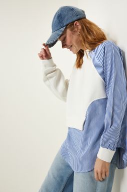 Happiness İstanbul Ecru Blue Asymmetric Shirt Detailed Knitted Sweatshirt