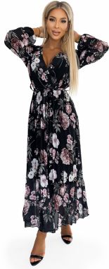 Pleated midi dress with neckline, long sleeves and tie at the waist Numoco